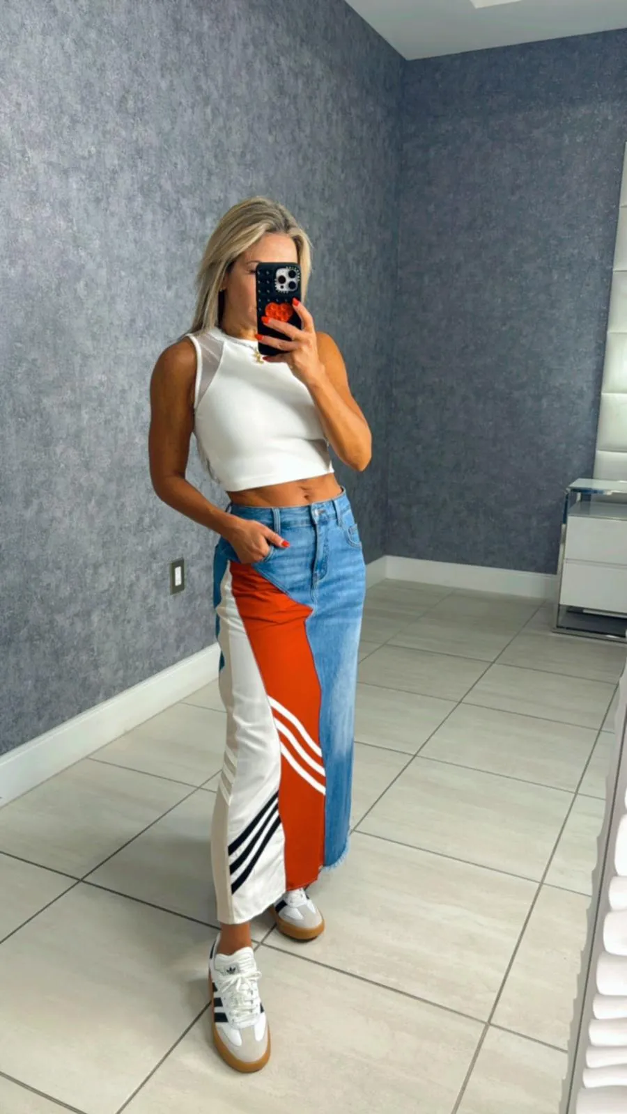 6638 Contrast denim maxi skirt