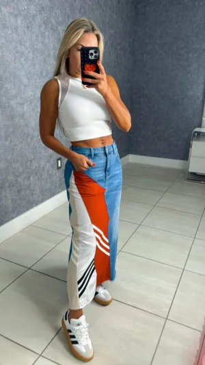 6638 Contrast denim maxi skirt