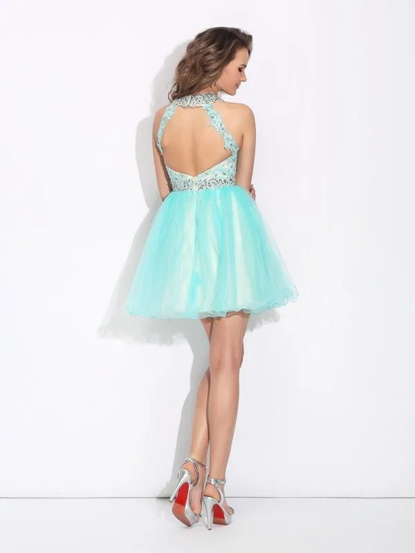 A-Line/Princess High Neck Lace Sleeveless Short Net Dresses