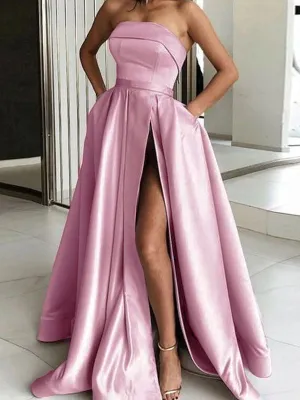 A-Line/Princess Satin Ruffles Strapless Sleeveless Sweep/Brush Train Dresses