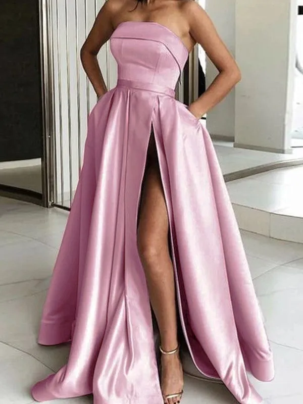 A-Line/Princess Satin Ruffles Strapless Sleeveless Sweep/Brush Train Dresses