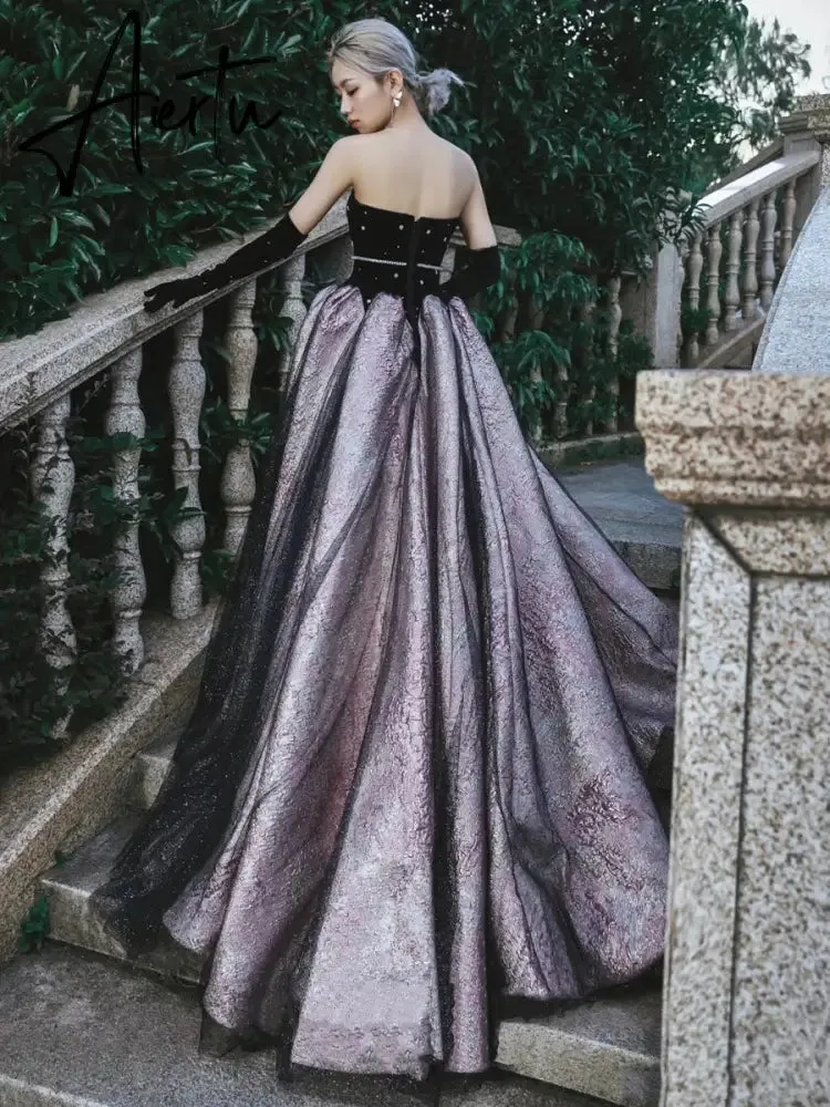 Aiertu Luxury Black Celebrity Dresses Pearl Chain Gloves Women Sexy Princess A-line Strapless Prom Evening Party Gowns Vestido