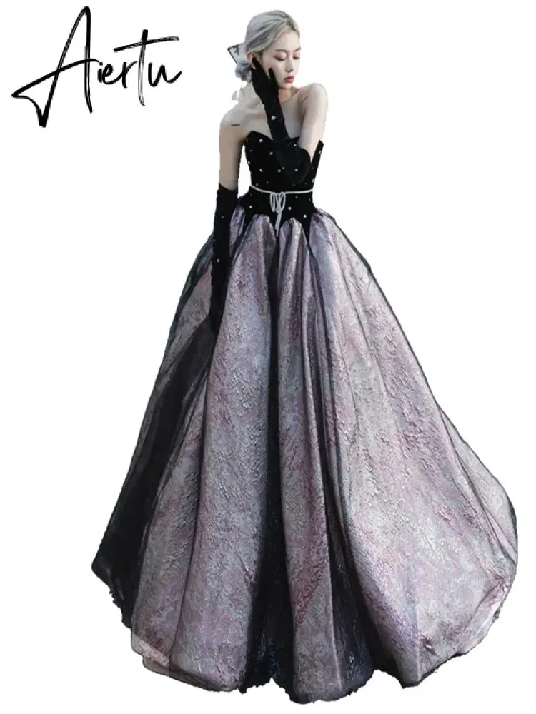 Aiertu Luxury Black Celebrity Dresses Pearl Chain Gloves Women Sexy Princess A-line Strapless Prom Evening Party Gowns Vestido