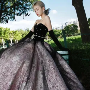 Aiertu Luxury Black Celebrity Dresses Pearl Chain Gloves Women Sexy Princess A-line Strapless Prom Evening Party Gowns Vestido