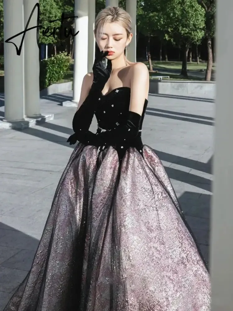 Aiertu Luxury Black Celebrity Dresses Pearl Chain Gloves Women Sexy Princess A-line Strapless Prom Evening Party Gowns Vestido