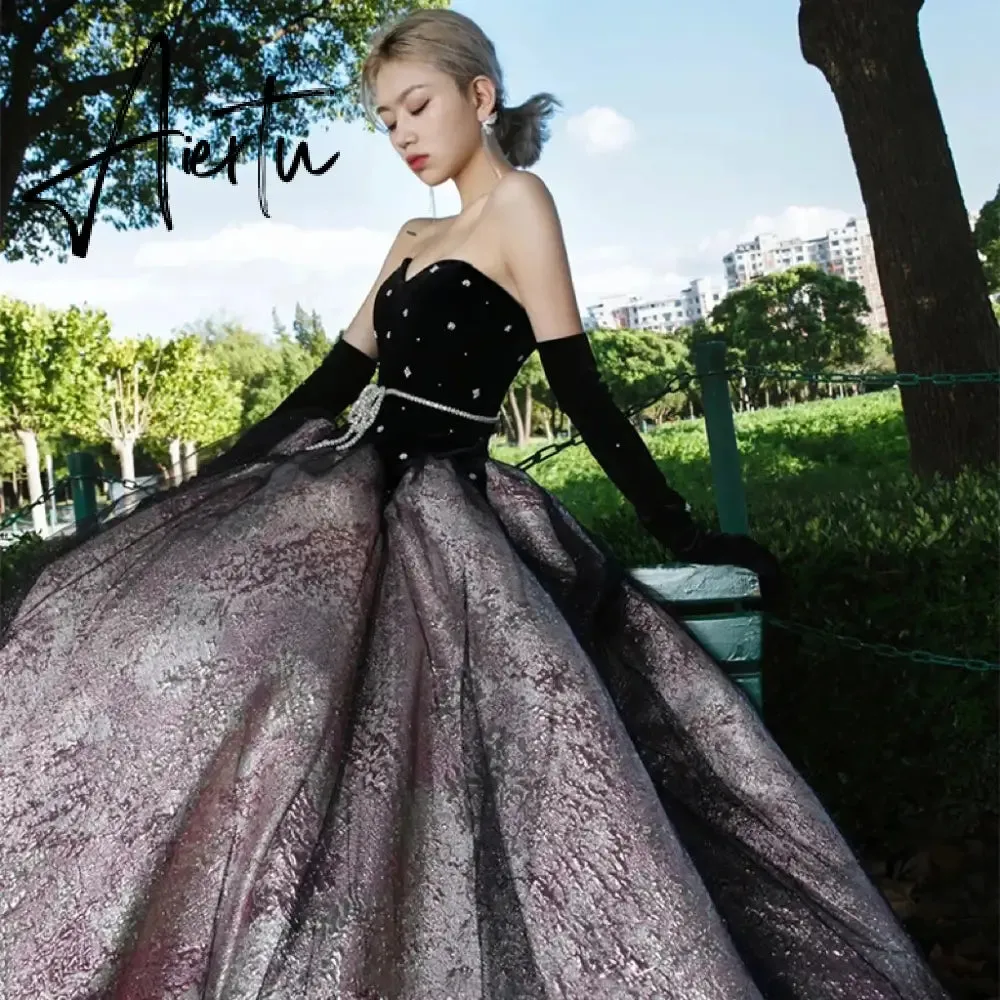 Aiertu Luxury Black Celebrity Dresses Pearl Chain Gloves Women Sexy Princess A-line Strapless Prom Evening Party Gowns Vestido