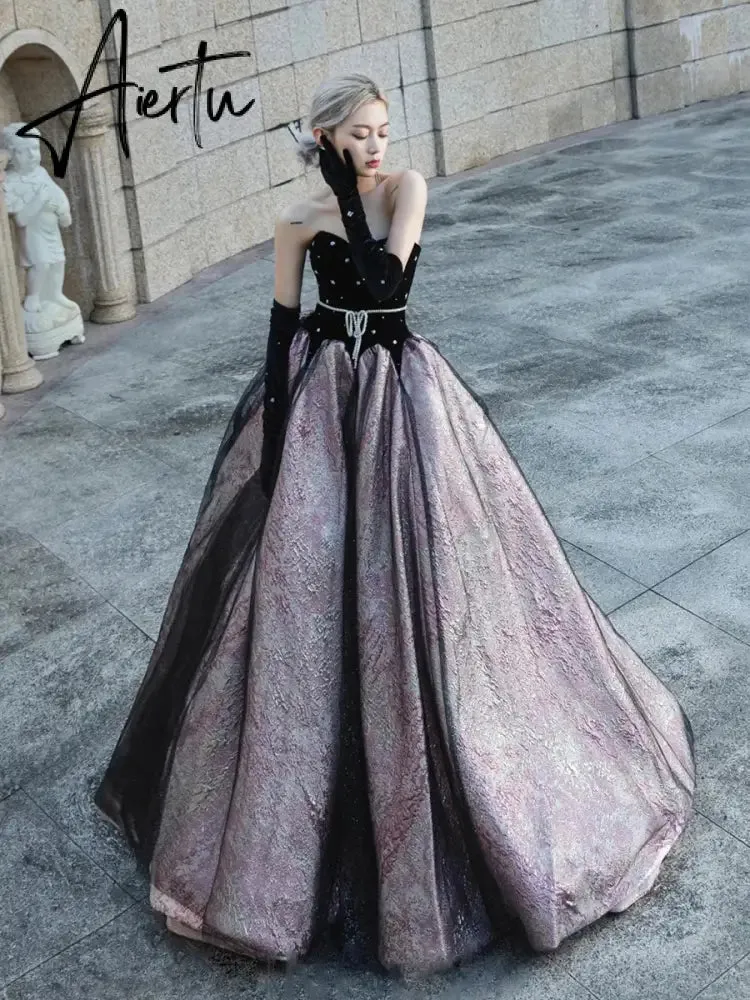 Aiertu Luxury Black Celebrity Dresses Pearl Chain Gloves Women Sexy Princess A-line Strapless Prom Evening Party Gowns Vestido