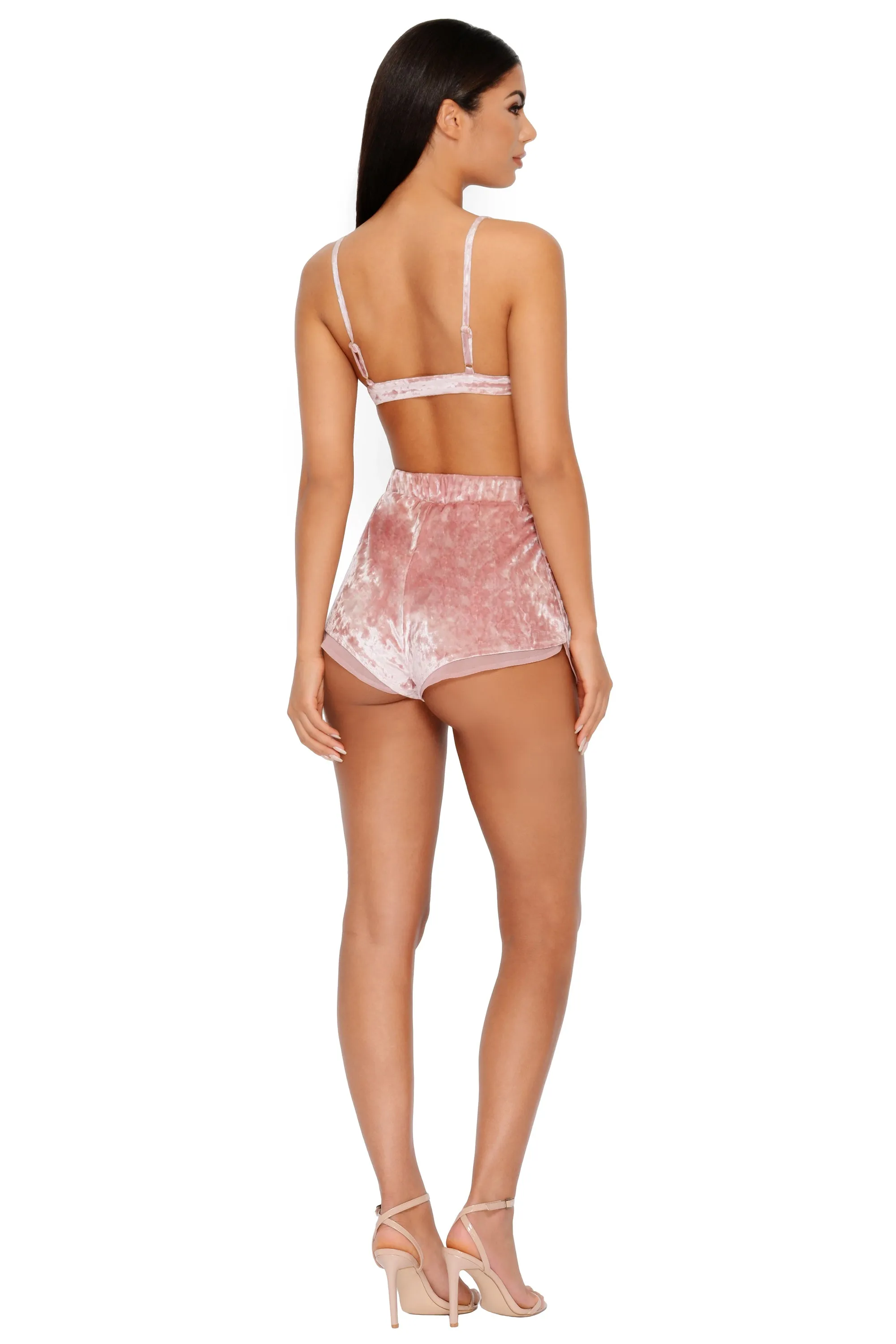 All The Feels Velvet Mesh High Waisted Shorts in Mauve