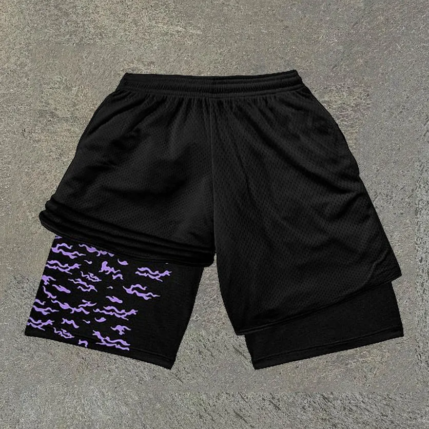 Anime Print Double Layer Mesh Shorts