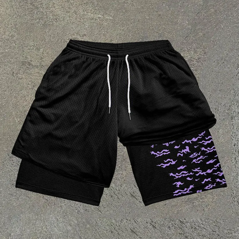 Anime Print Double Layer Mesh Shorts