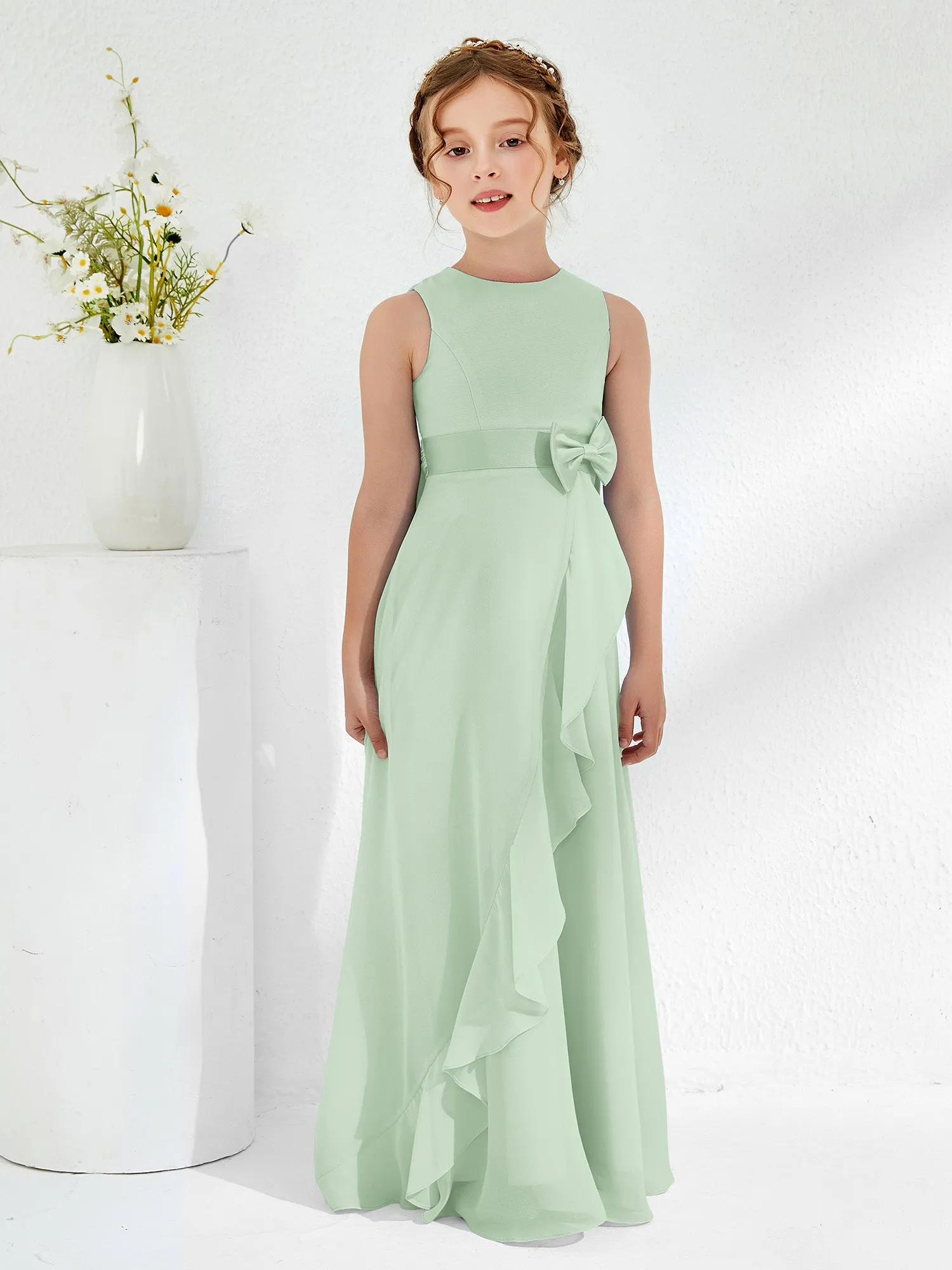 Bateau Neckline Ruffle Junior Bridesmaid Gowns Dusty Sage