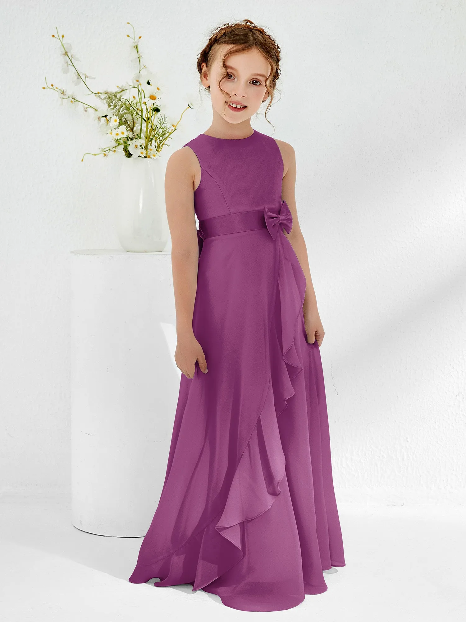Bateau Neckline Ruffle Junior Bridesmaid Gowns Orchid