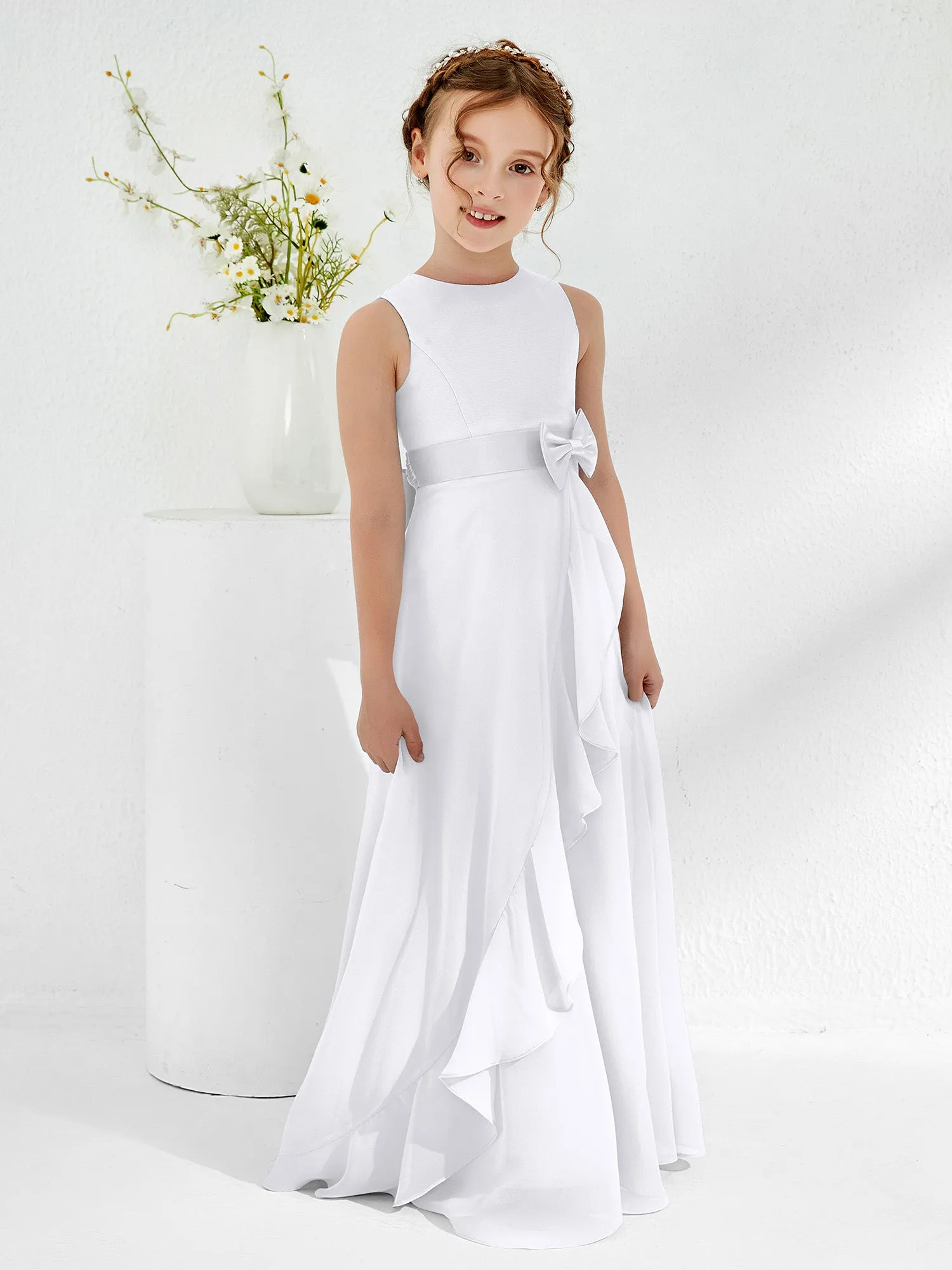 Bateau Neckline Ruffle Junior Bridesmaid Gowns White