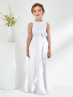 Bateau Neckline Ruffle Junior Bridesmaid Gowns White