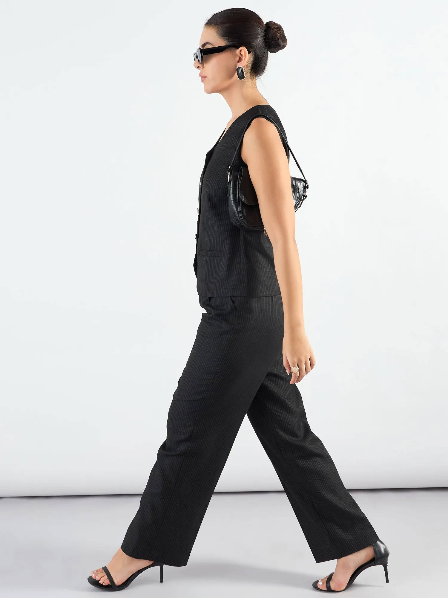 Black Polyester V-Neck Striped Sleeveless Vest Coat & Trouser