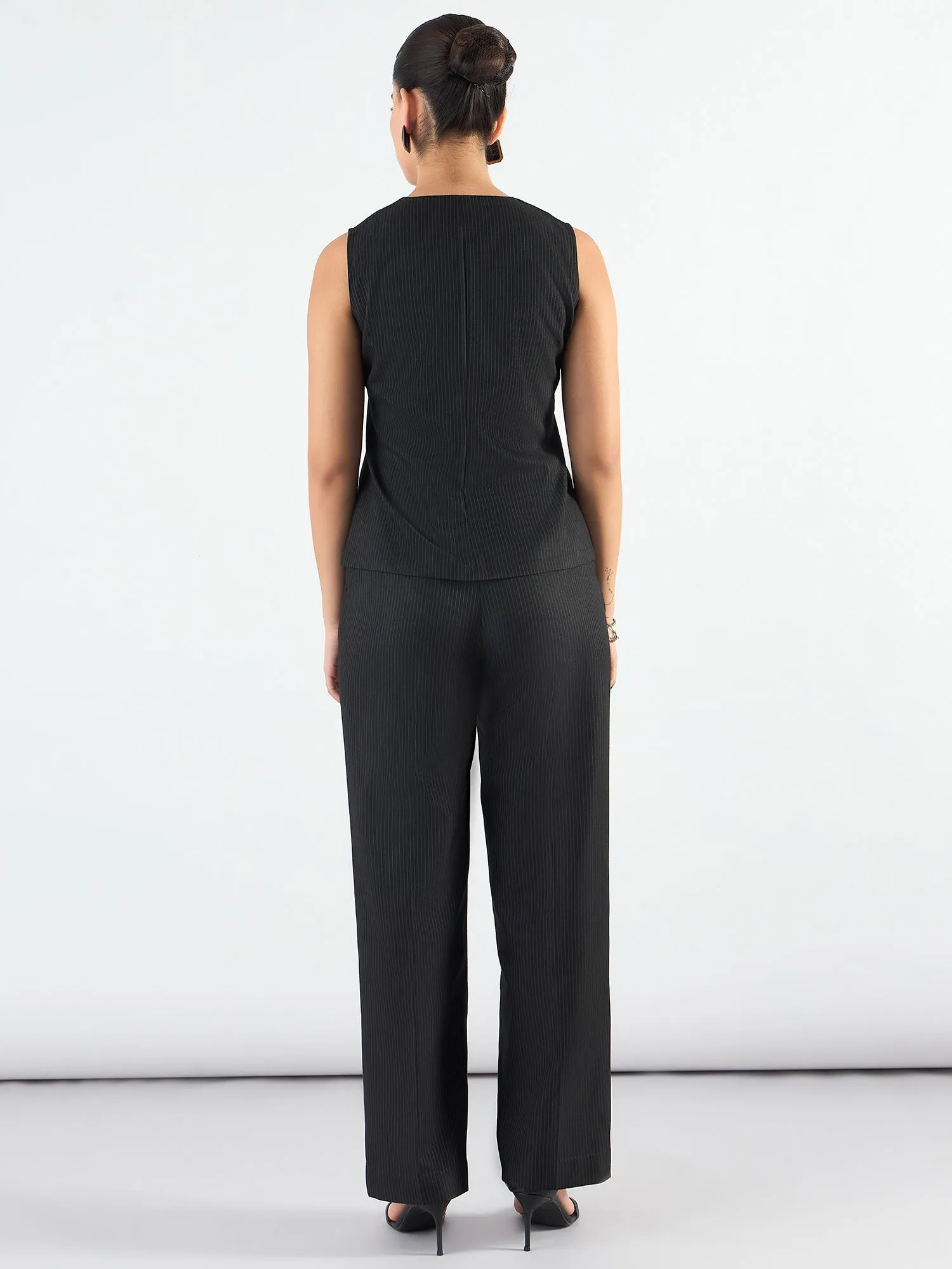 Black Polyester V-Neck Striped Sleeveless Vest Coat & Trouser