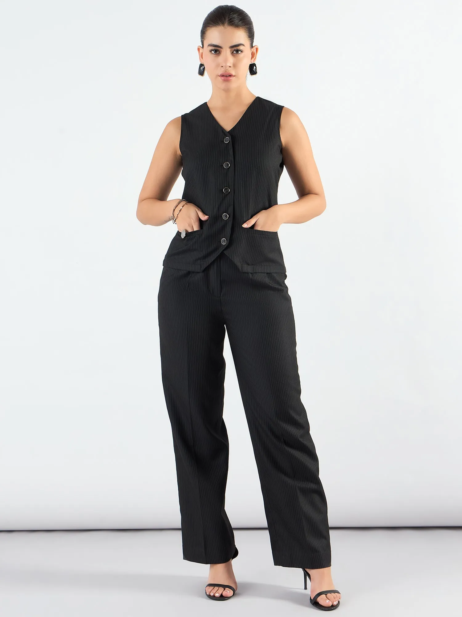 Black Polyester V-Neck Striped Sleeveless Vest Coat & Trouser