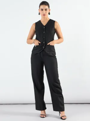 Black Polyester V-Neck Striped Sleeveless Vest Coat & Trouser