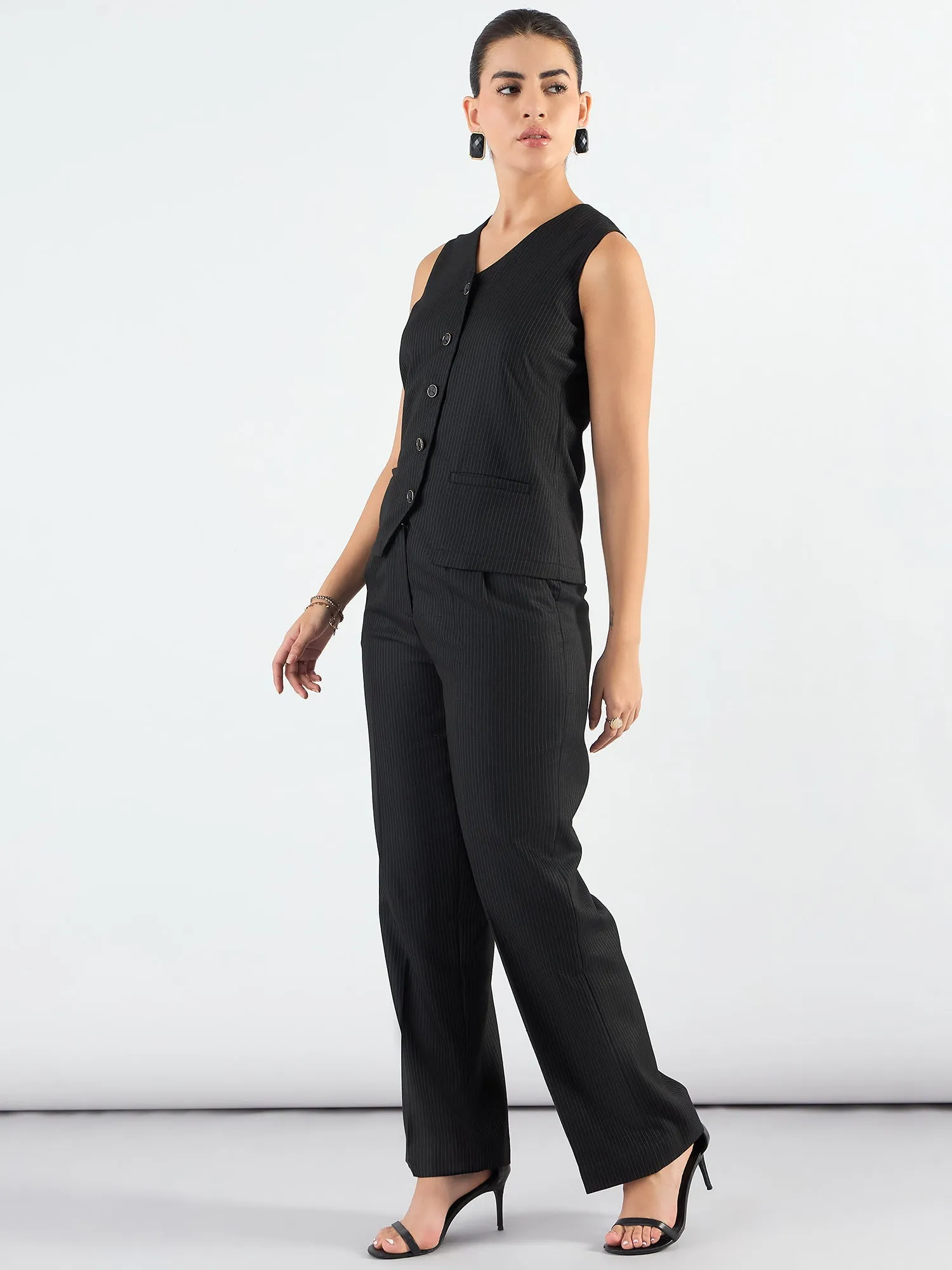 Black Polyester V-Neck Striped Sleeveless Vest Coat & Trouser