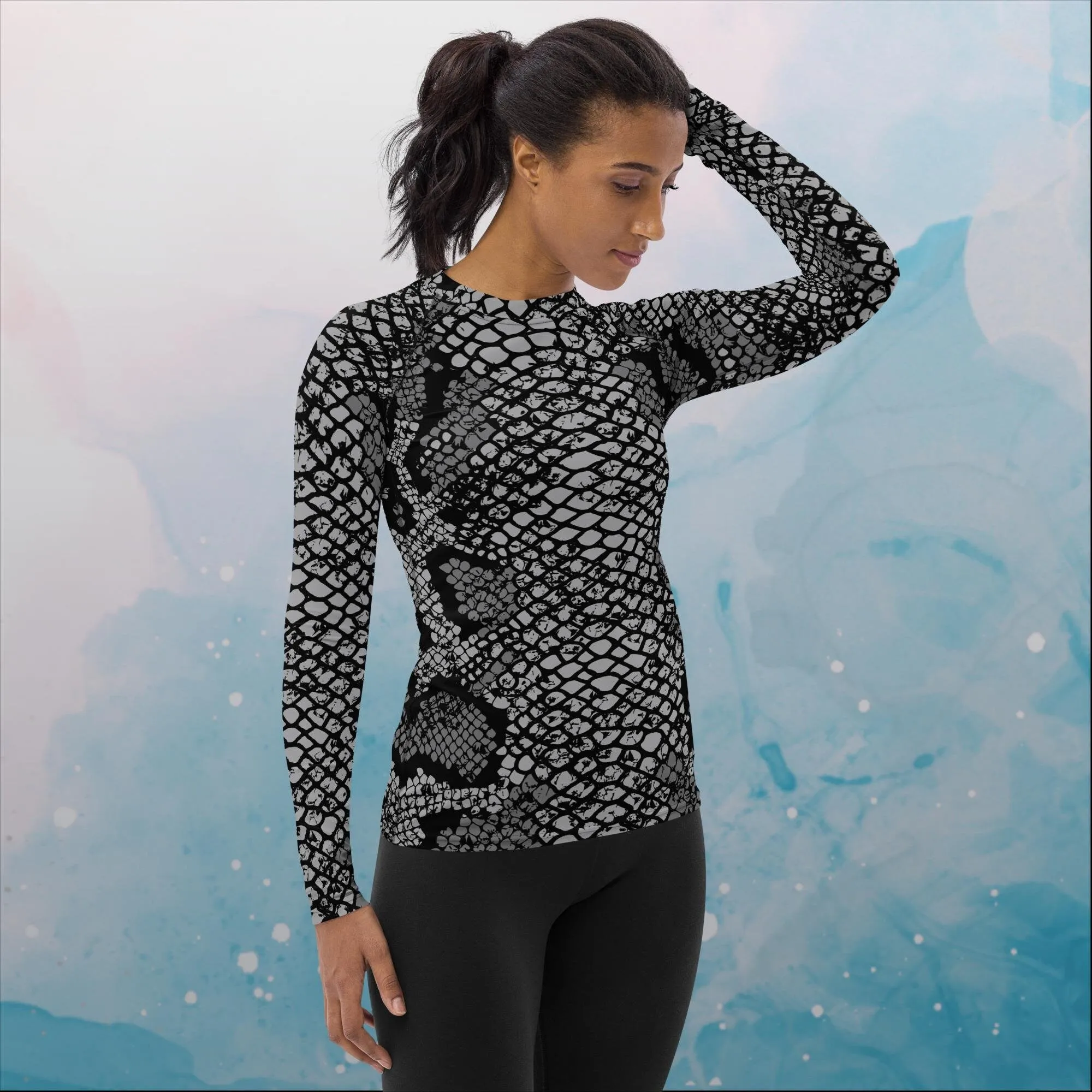 Black Snake Skin Print Womens Rash Guard