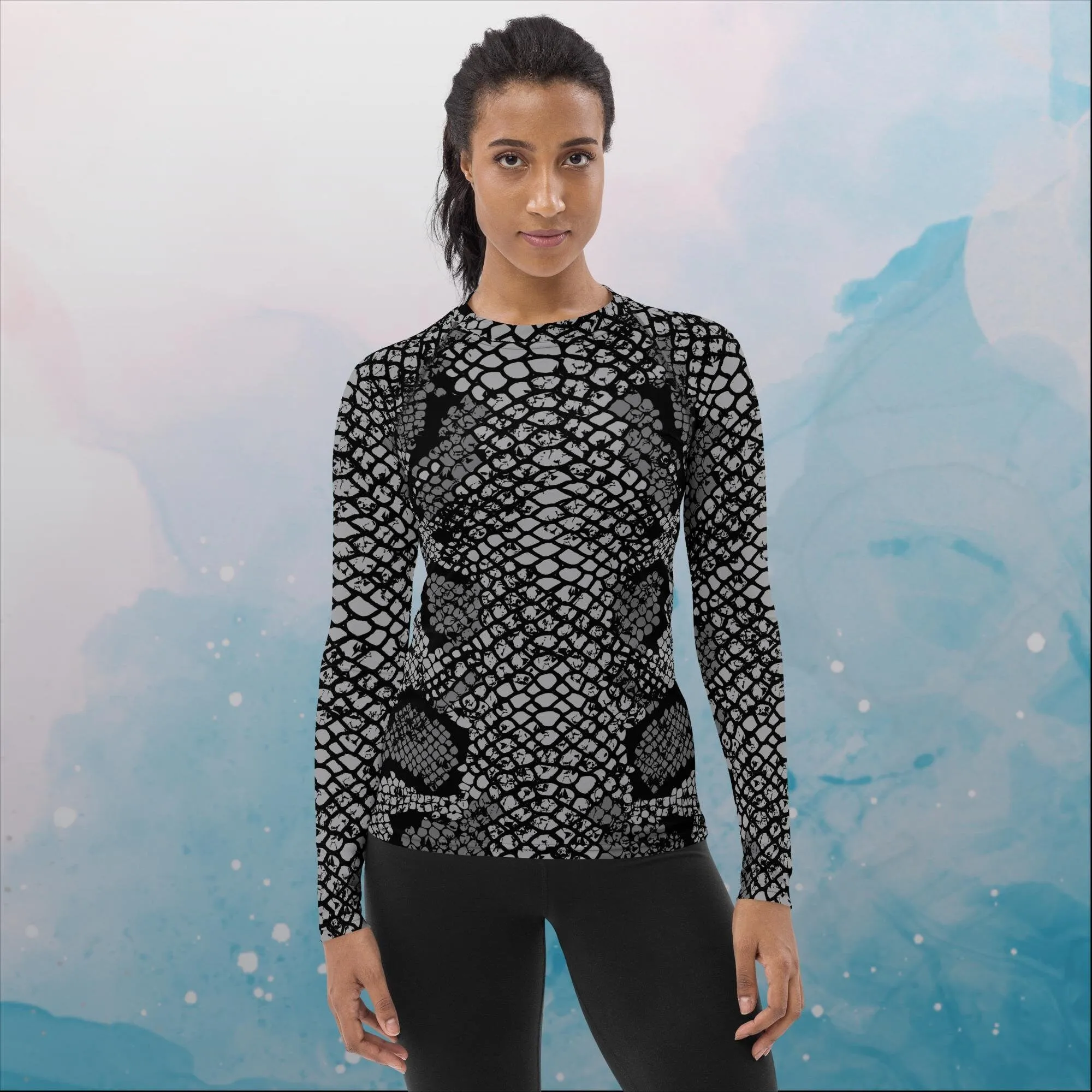 Black Snake Skin Print Womens Rash Guard