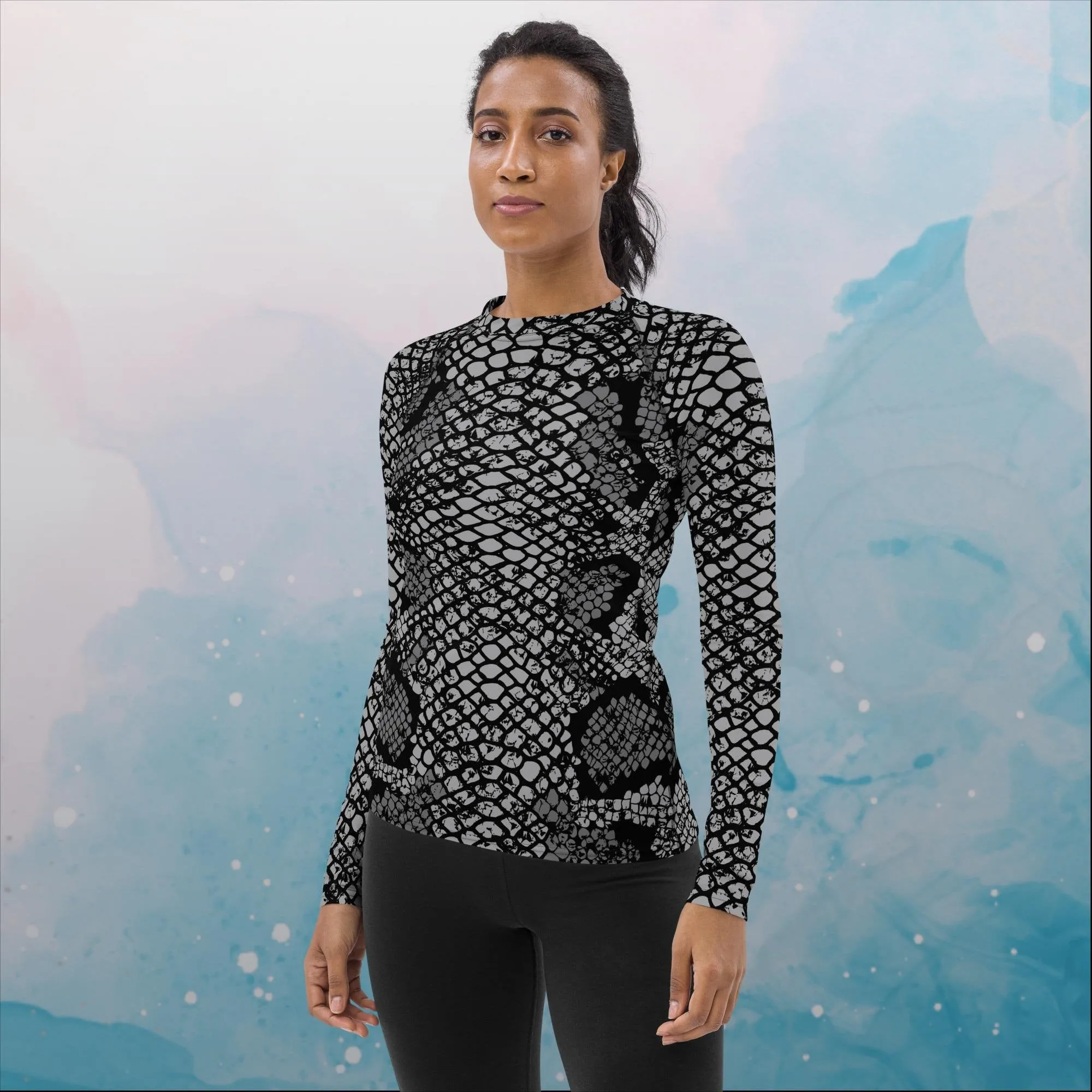 Black Snake Skin Print Womens Rash Guard