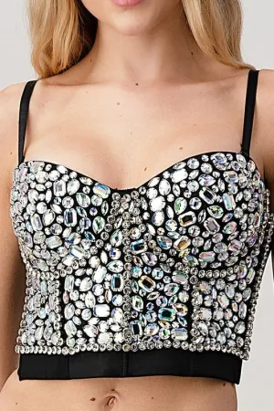 Black/Silver Rainbow Rhinestone Pattern Stone Bustier