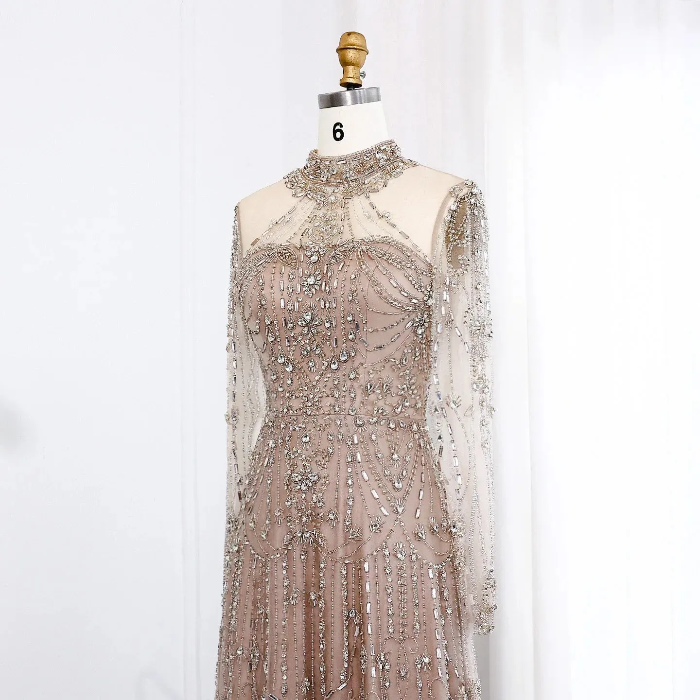 Blue Long Sleeves High Neck Formal Gowns