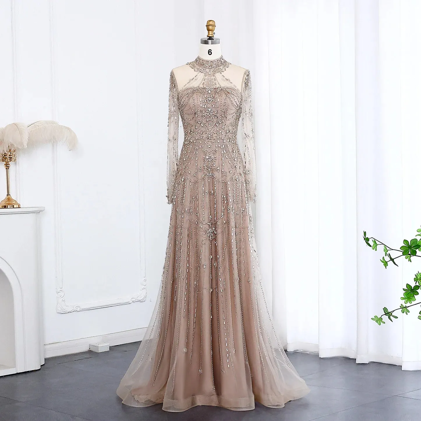 Blue Long Sleeves High Neck Formal Gowns
