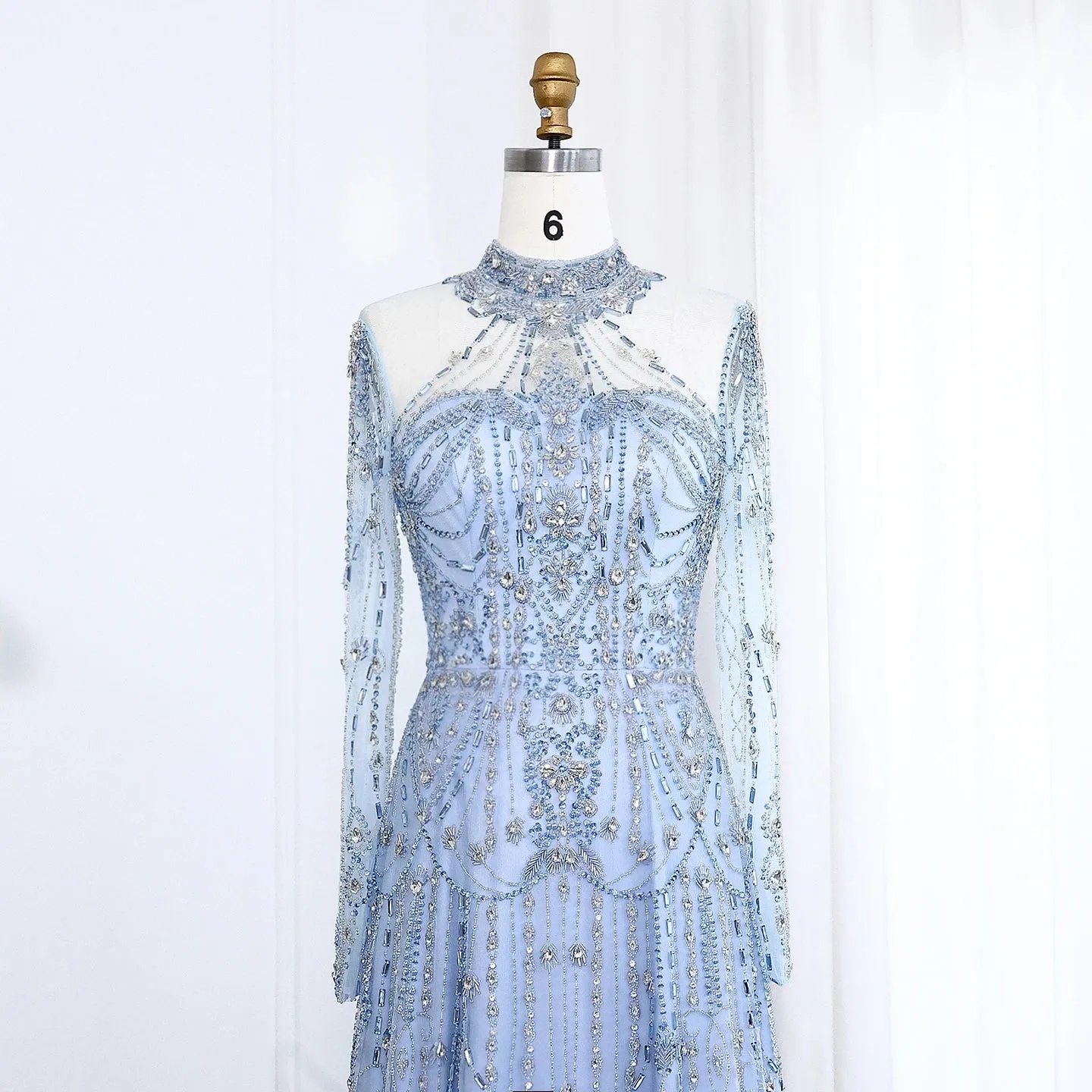 Blue Long Sleeves High Neck Formal Gowns