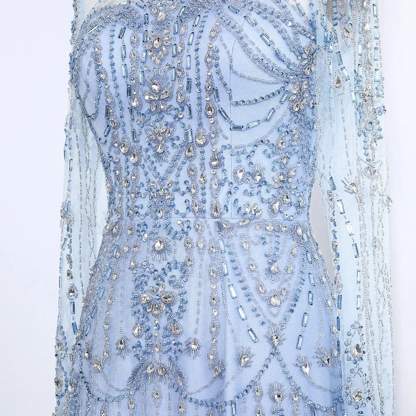 Blue Long Sleeves High Neck Formal Gowns