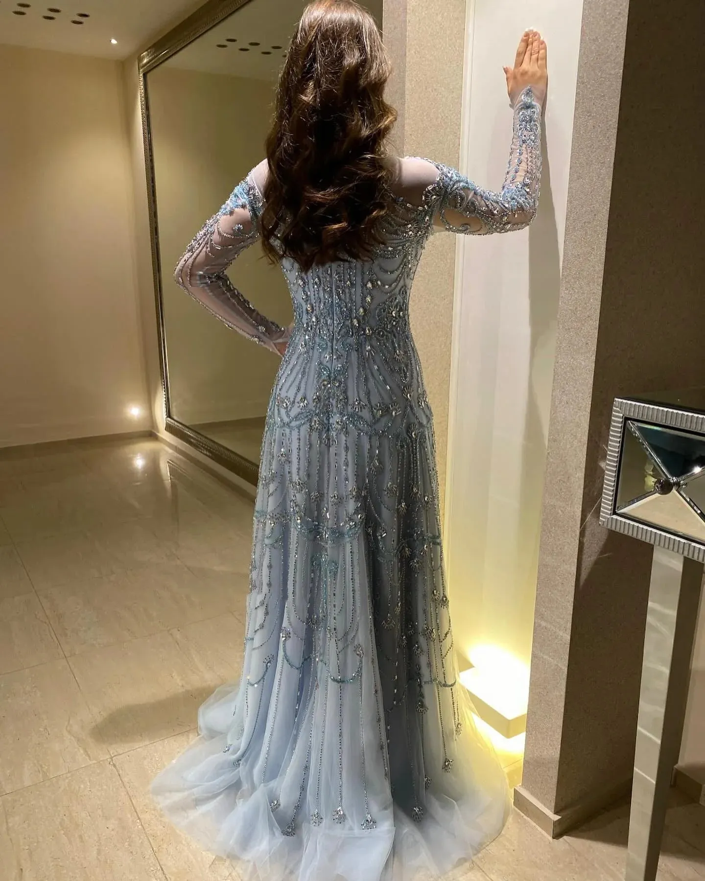Blue Long Sleeves High Neck Formal Gowns