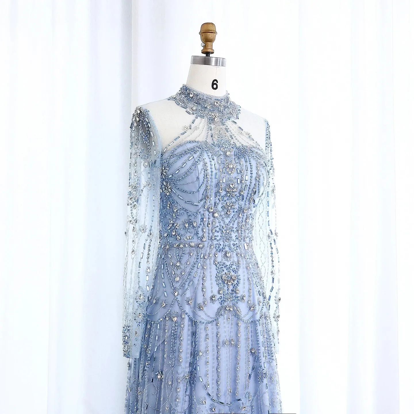 Blue Long Sleeves High Neck Formal Gowns
