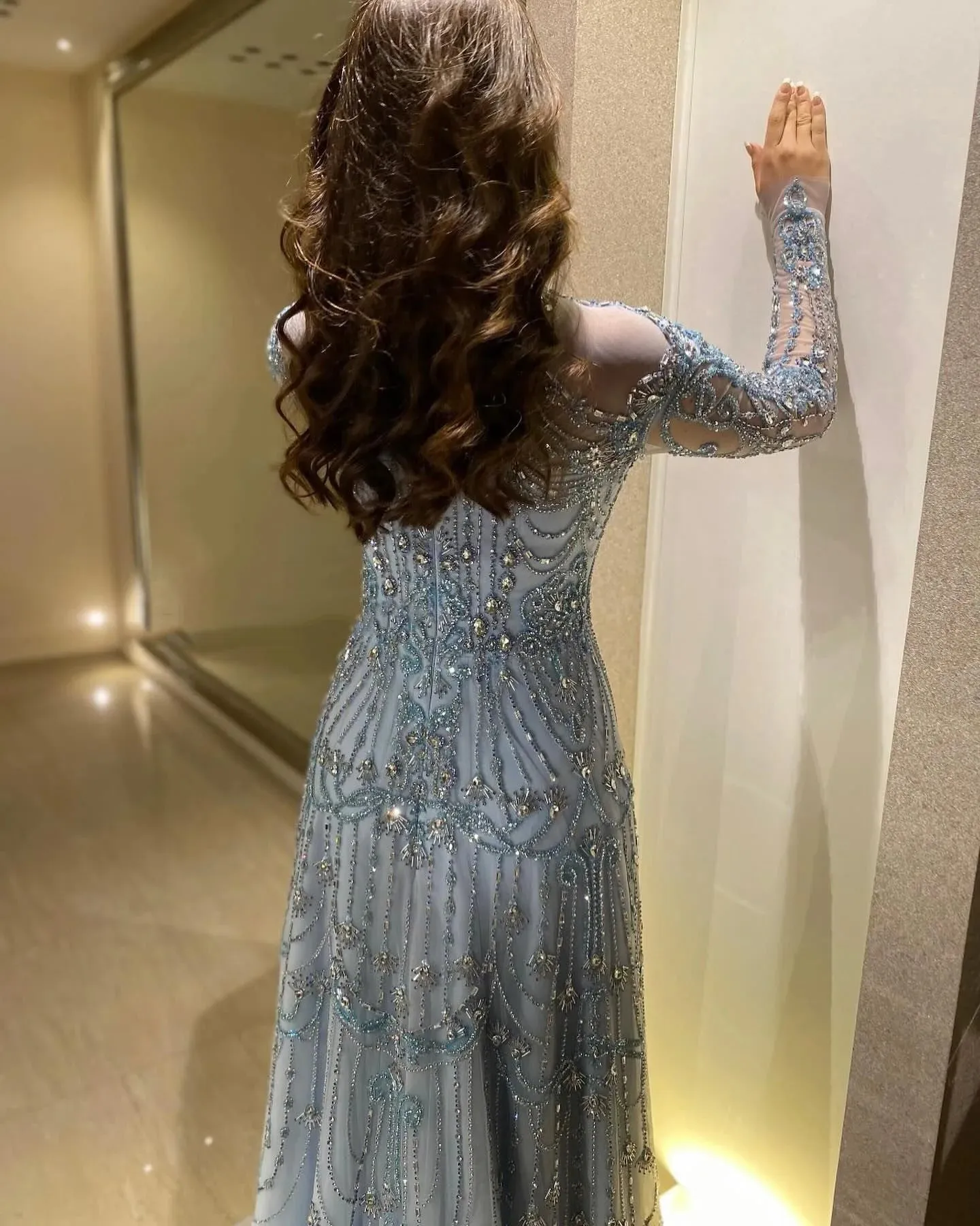 Blue Long Sleeves High Neck Formal Gowns