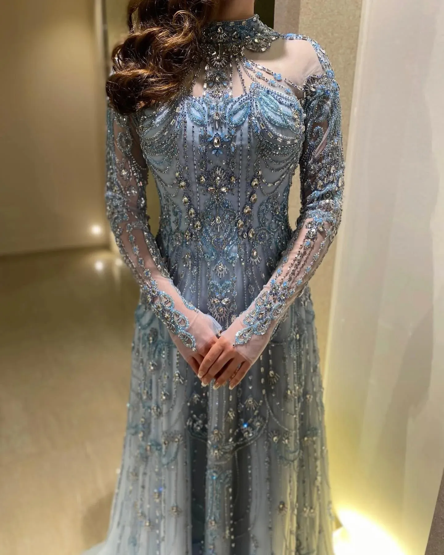 Blue Long Sleeves High Neck Formal Gowns