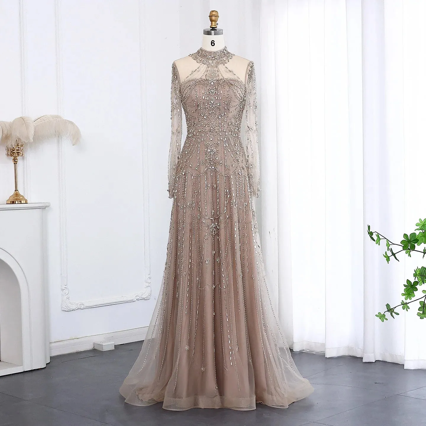 Blue Long Sleeves High Neck Formal Gowns
