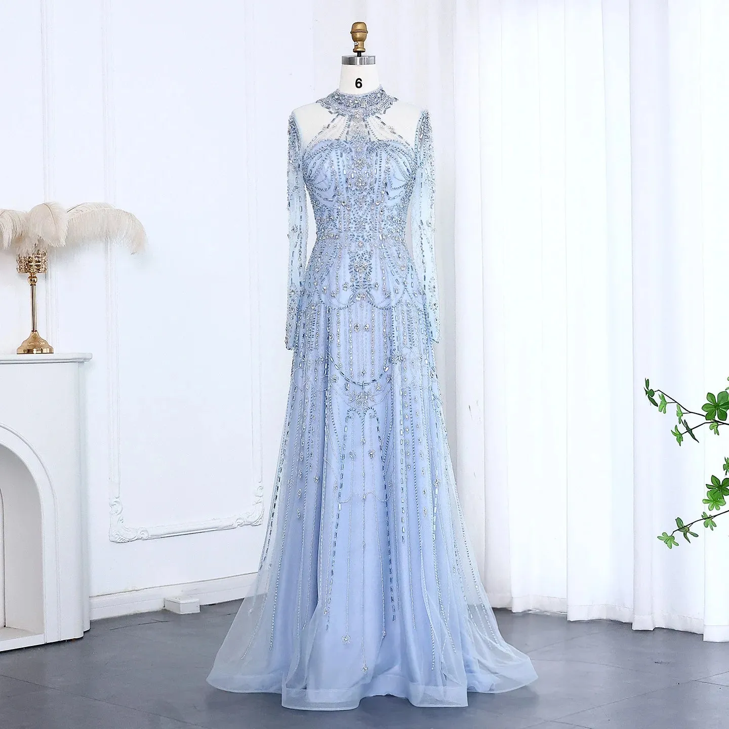 Blue Long Sleeves High Neck Formal Gowns