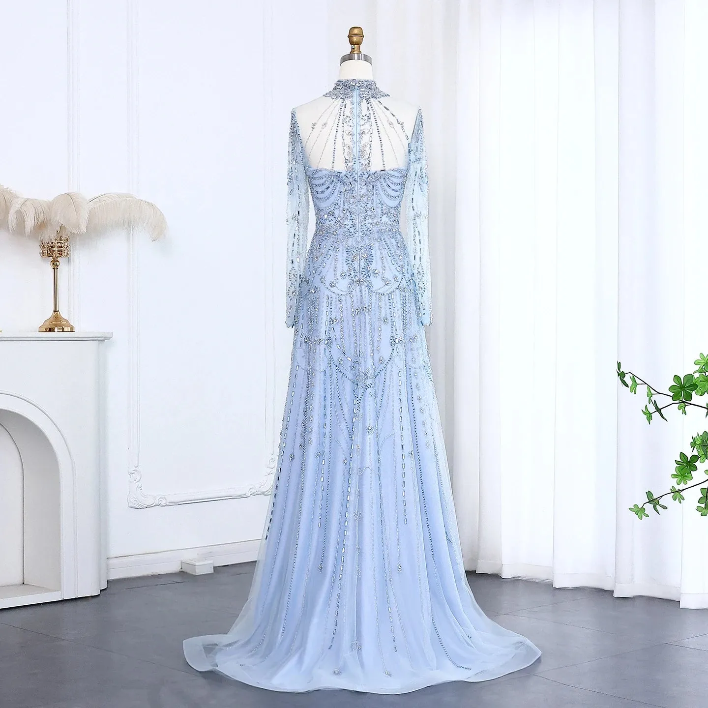 Blue Long Sleeves High Neck Formal Gowns