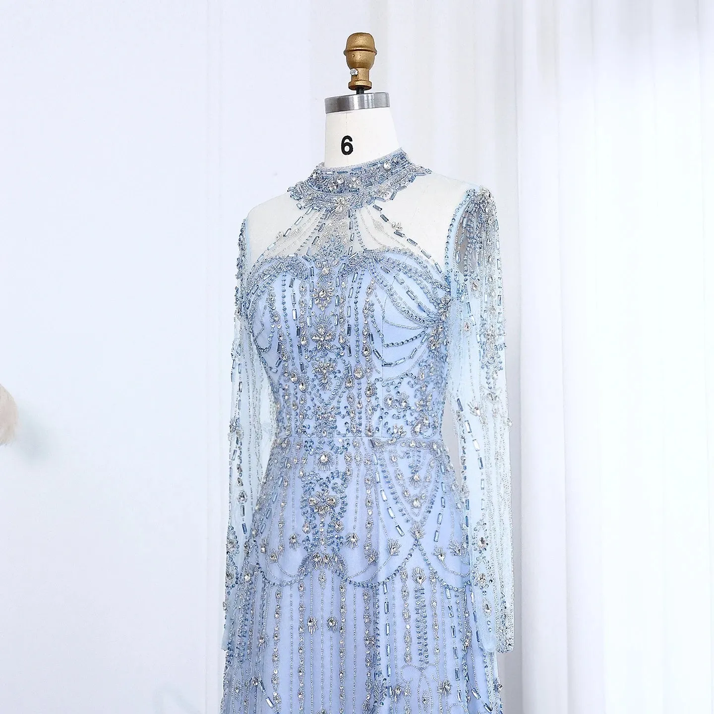 Blue Long Sleeves High Neck Formal Gowns