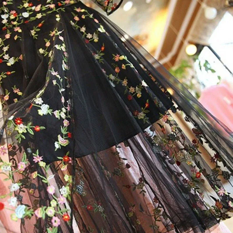 Bodacious Black Floral Embroidered Slit Midi Dress