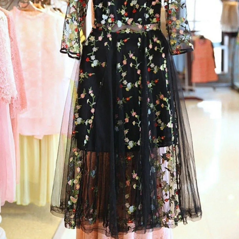 Bodacious Black Floral Embroidered Slit Midi Dress