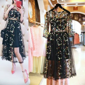 Bodacious Black Floral Embroidered Slit Midi Dress