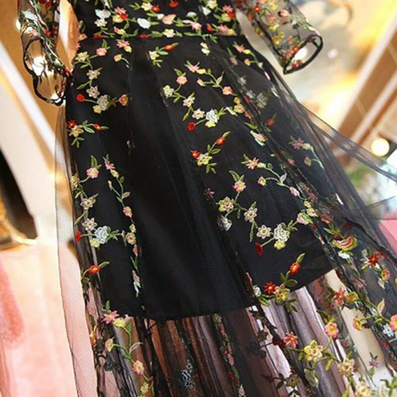 Bodacious Black Floral Embroidered Slit Midi Dress