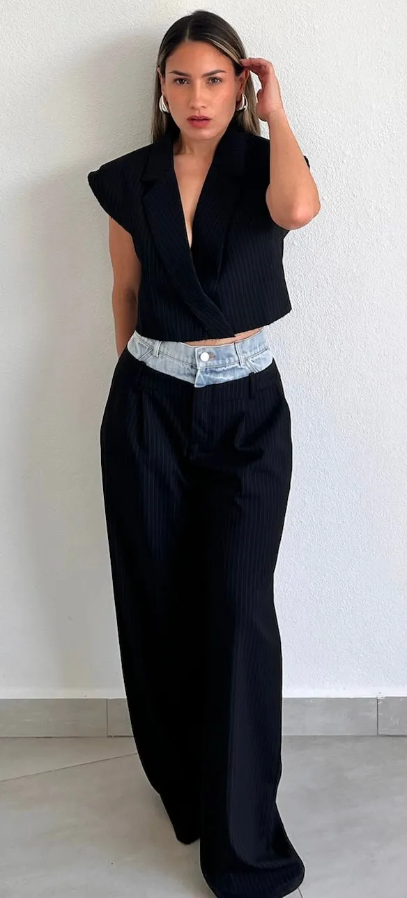 Bossy Lady Black & Denim Blazer Two-Piece Set