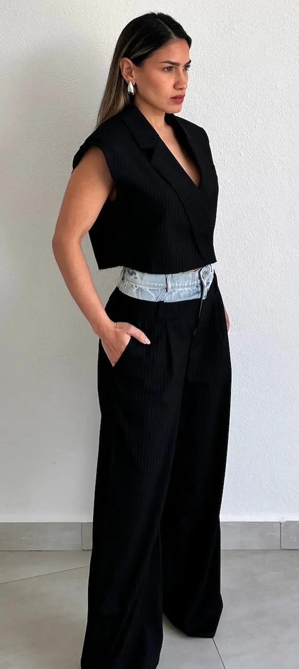 Bossy Lady Black & Denim Blazer Two-Piece Set