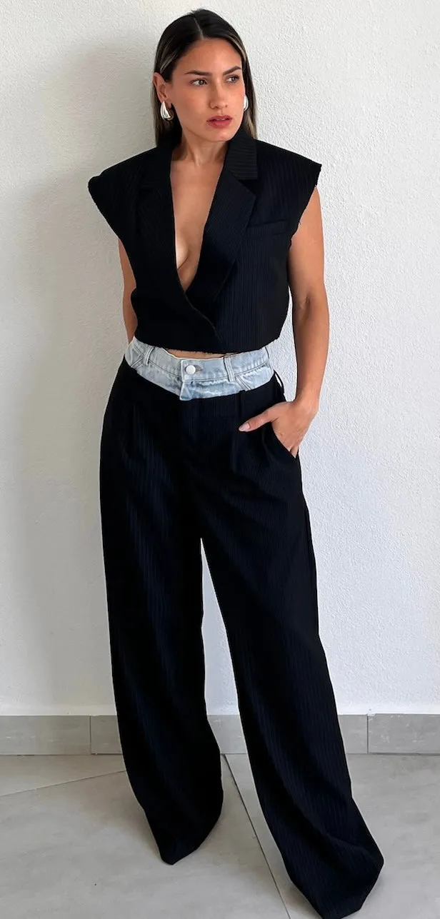 Bossy Lady Black & Denim Blazer Two-Piece Set