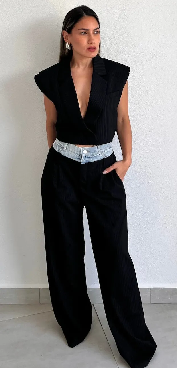 Bossy Lady Black & Denim Blazer Two-Piece Set
