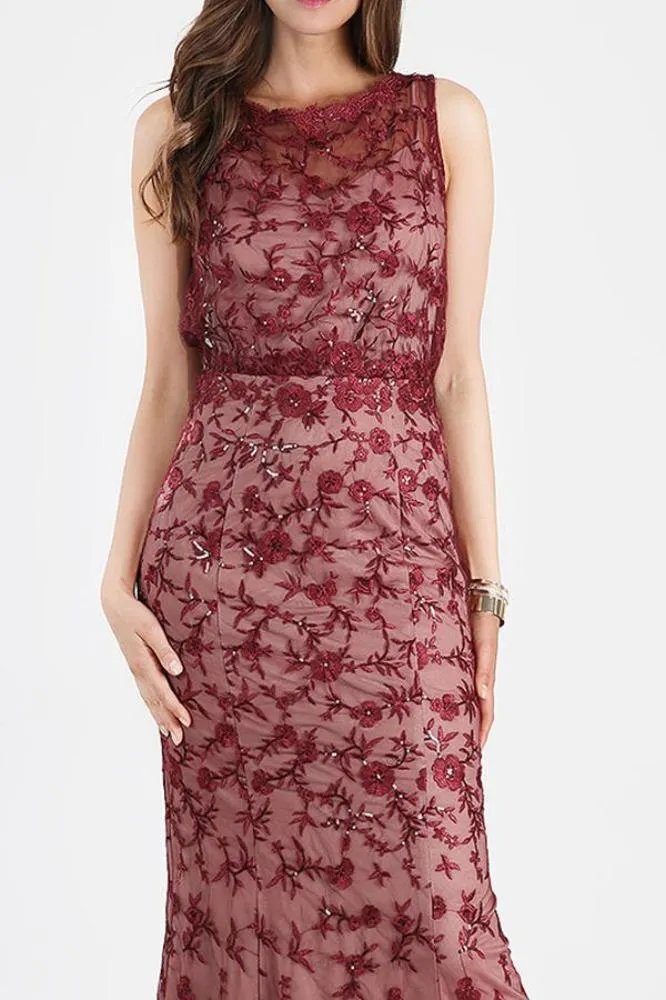 Burgundy Sequin Embroidered Blouson Dress