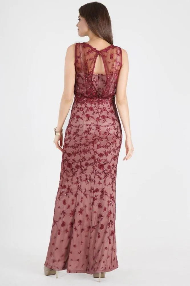 Burgundy Sequin Embroidered Blouson Dress