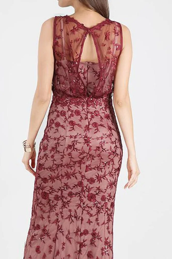 Burgundy Sequin Embroidered Blouson Dress